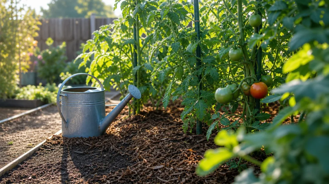 A mulched garden bed with a watering can beside young plants
