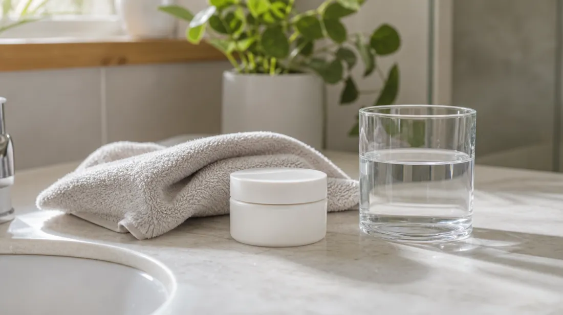 Simple bathroom counter with a washcloth, moisturizer, and a glass of water