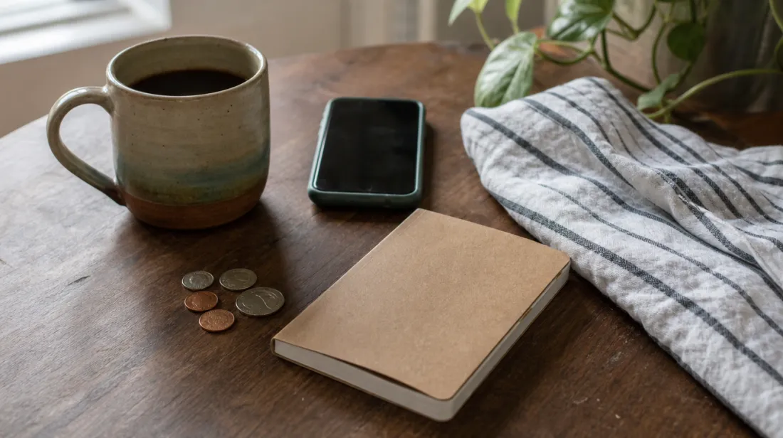 Everyday household items arranged on a wooden table