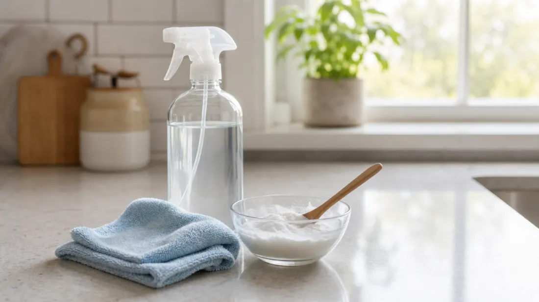 Cleaning supplies laid out on a sunny kitchen counter