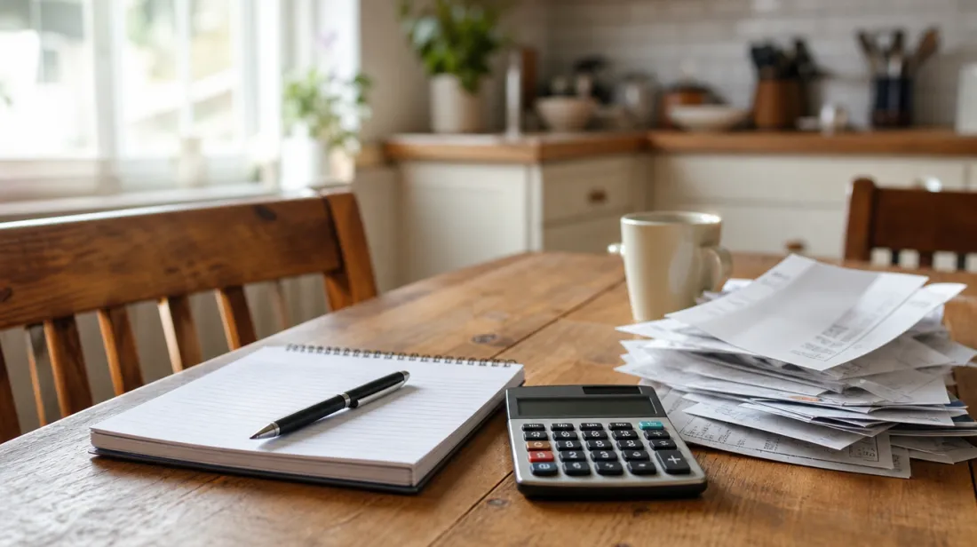 A notepad and calculator next to a stack of household bills on a table