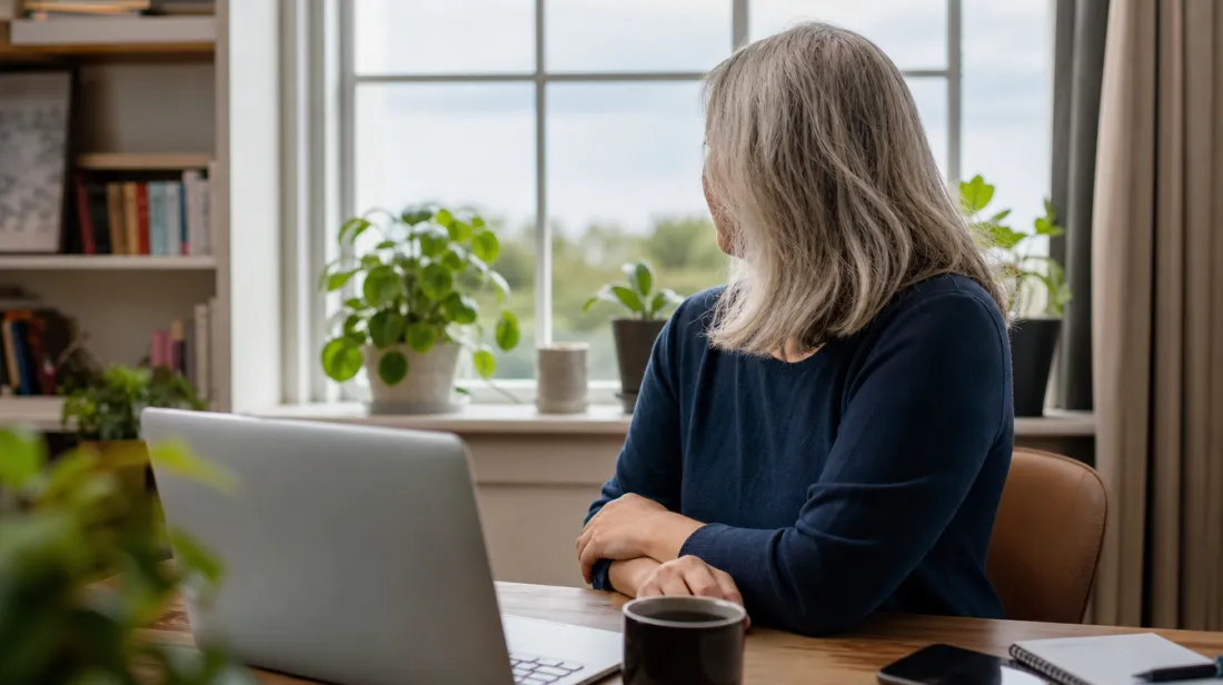 Person at a desk looking away from their laptop toward a window