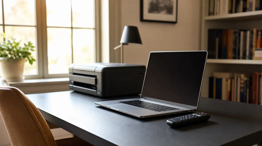 A home desk with a printer, TV remote, and laptop