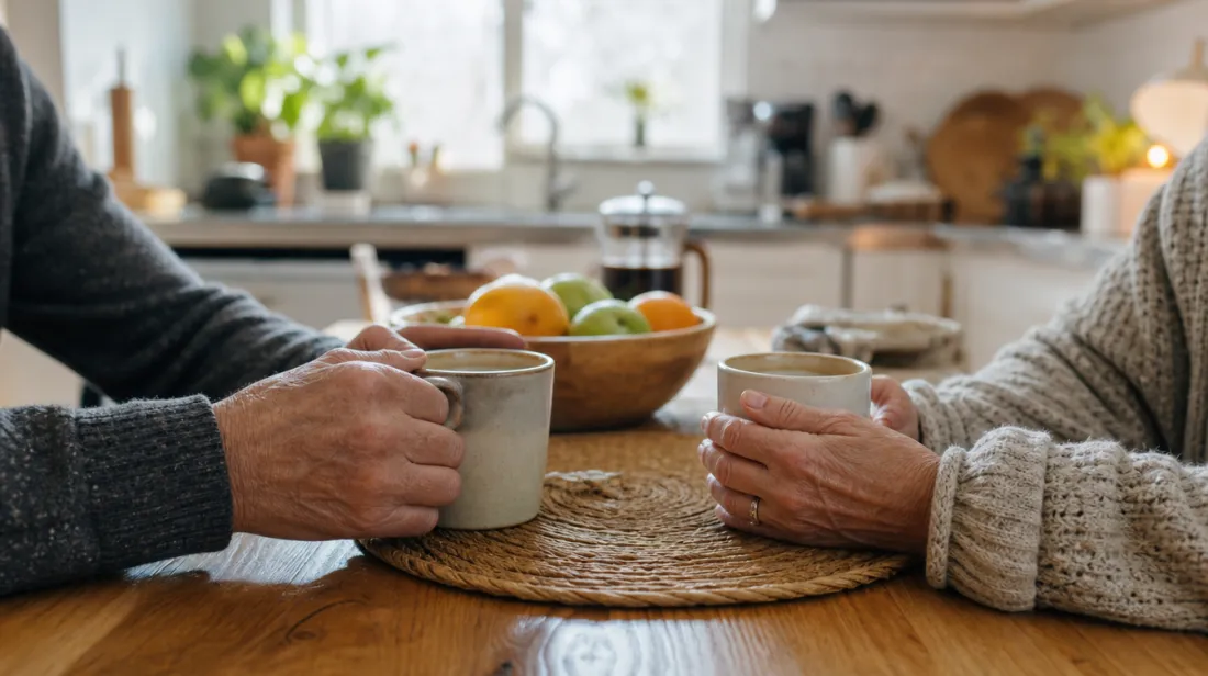 Two mugs of coffee held across a kitchen table by an older couple