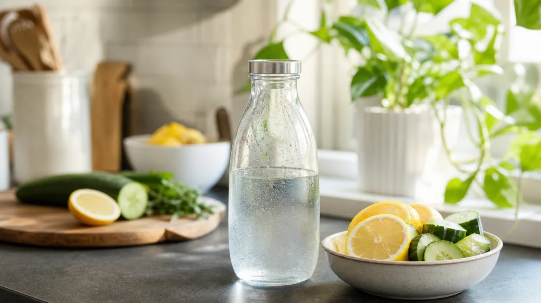 Water bottle on a kitchen counter next to sliced lemon and cucumber