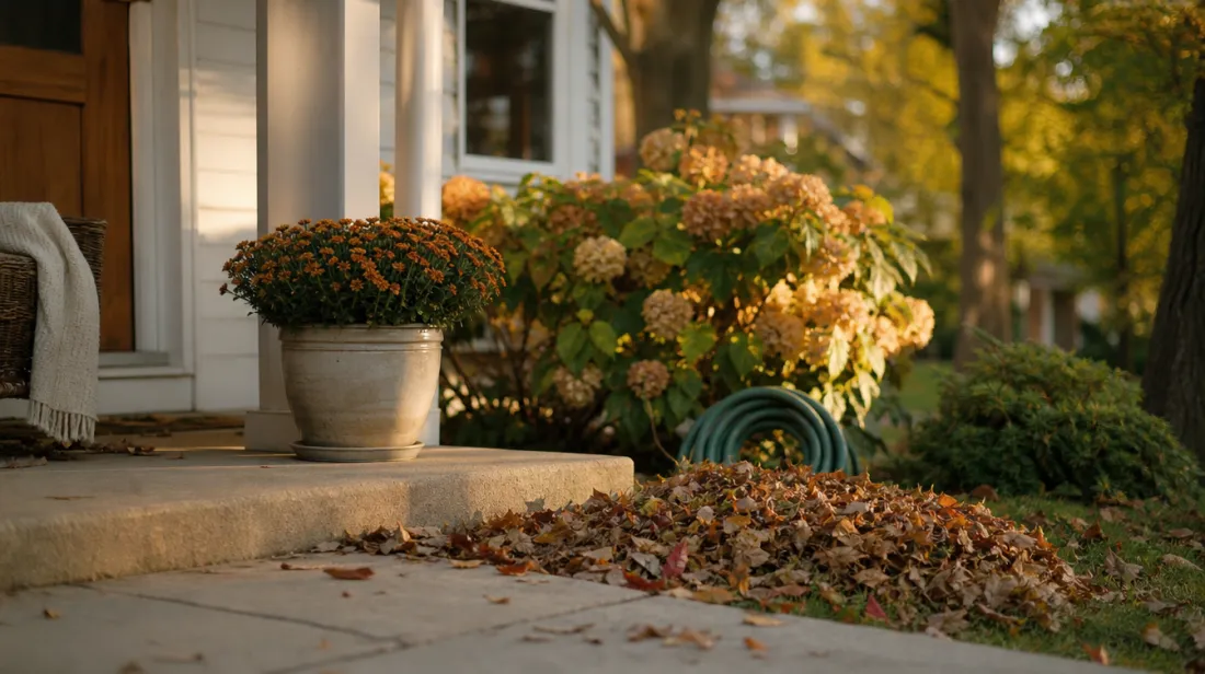 A front porch in early autumn with raked leaves and a rolled garden hose