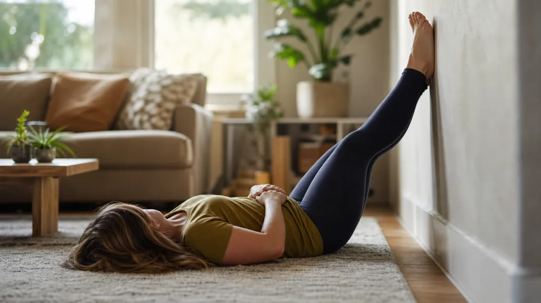 Person lying on the floor with legs resting up against a wall
