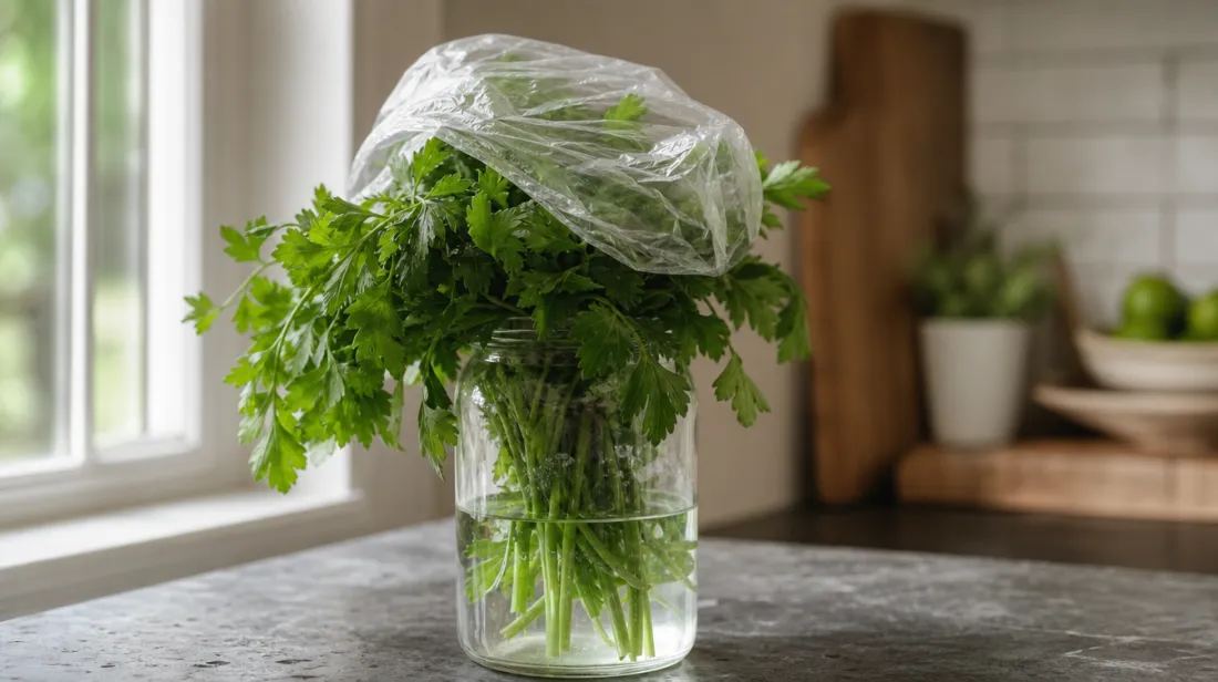 Fresh parsley standing in a jar of water on a kitchen counter