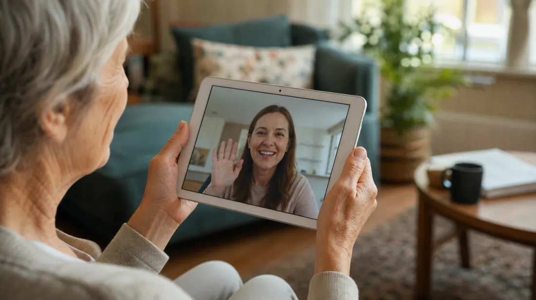 Older woman holding a tablet during a video call in a cozy living room
