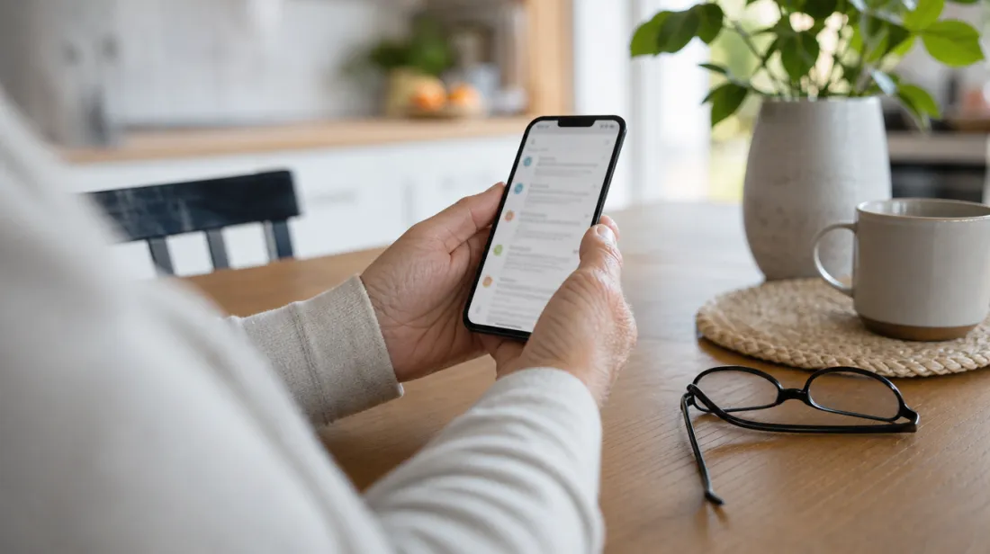 Hands holding a phone showing an email inbox at a kitchen table