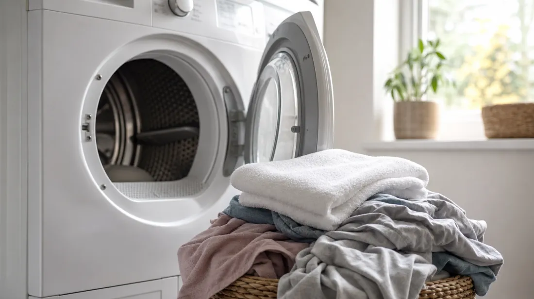 A folded towel placed on top of damp laundry before drying