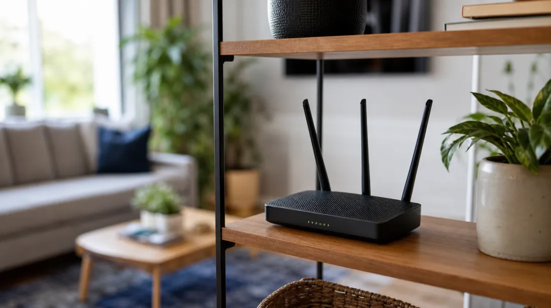 A Wi-Fi router sitting upright on an open shelf with antennas angled outward