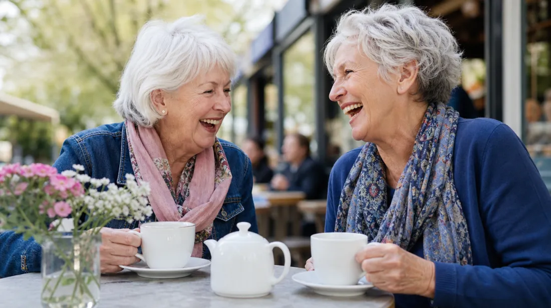 Two older friends sitting outdoors with tea, mid-laugh